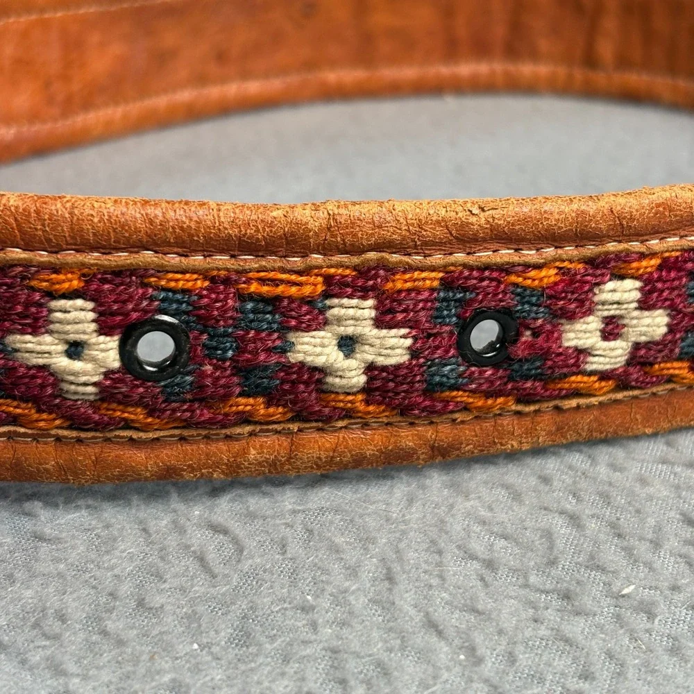 Vintage Southwestern Woven Textile Leather Belt Brown Boho Geometric 36 Inch